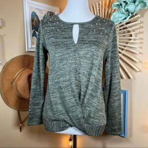 Olive Green Heathered Keyhole Twist Front Studded Knit Top - Sz Small